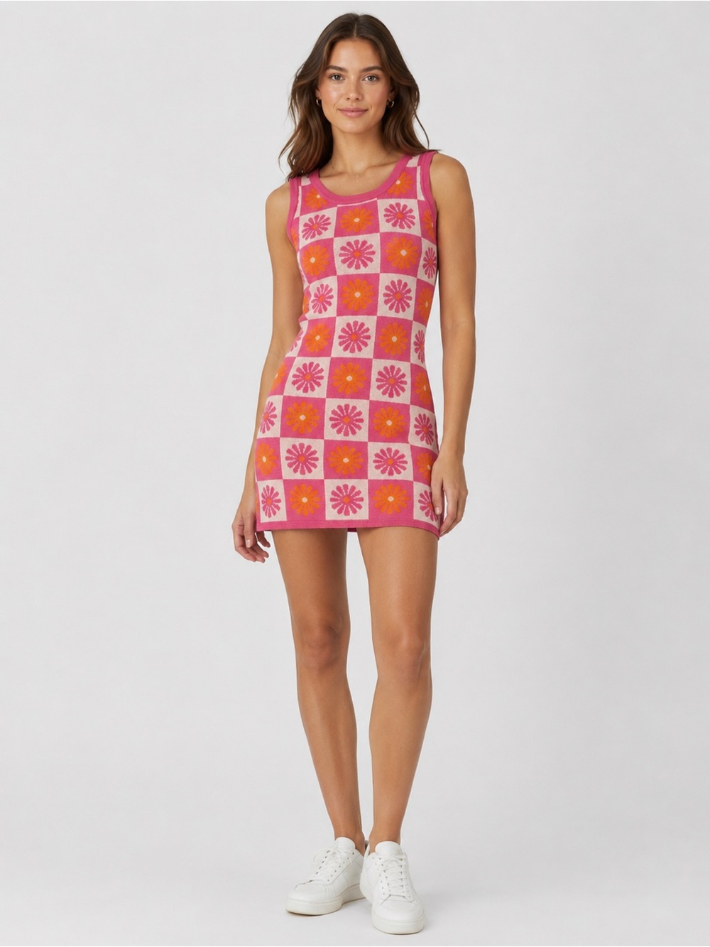 BaeVely Pink & Orange Floral Checkered Knit Mini Dress